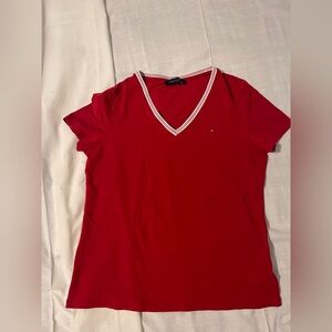 Tommy Hilfiger Red V‑Neck Tee with Striped Trim